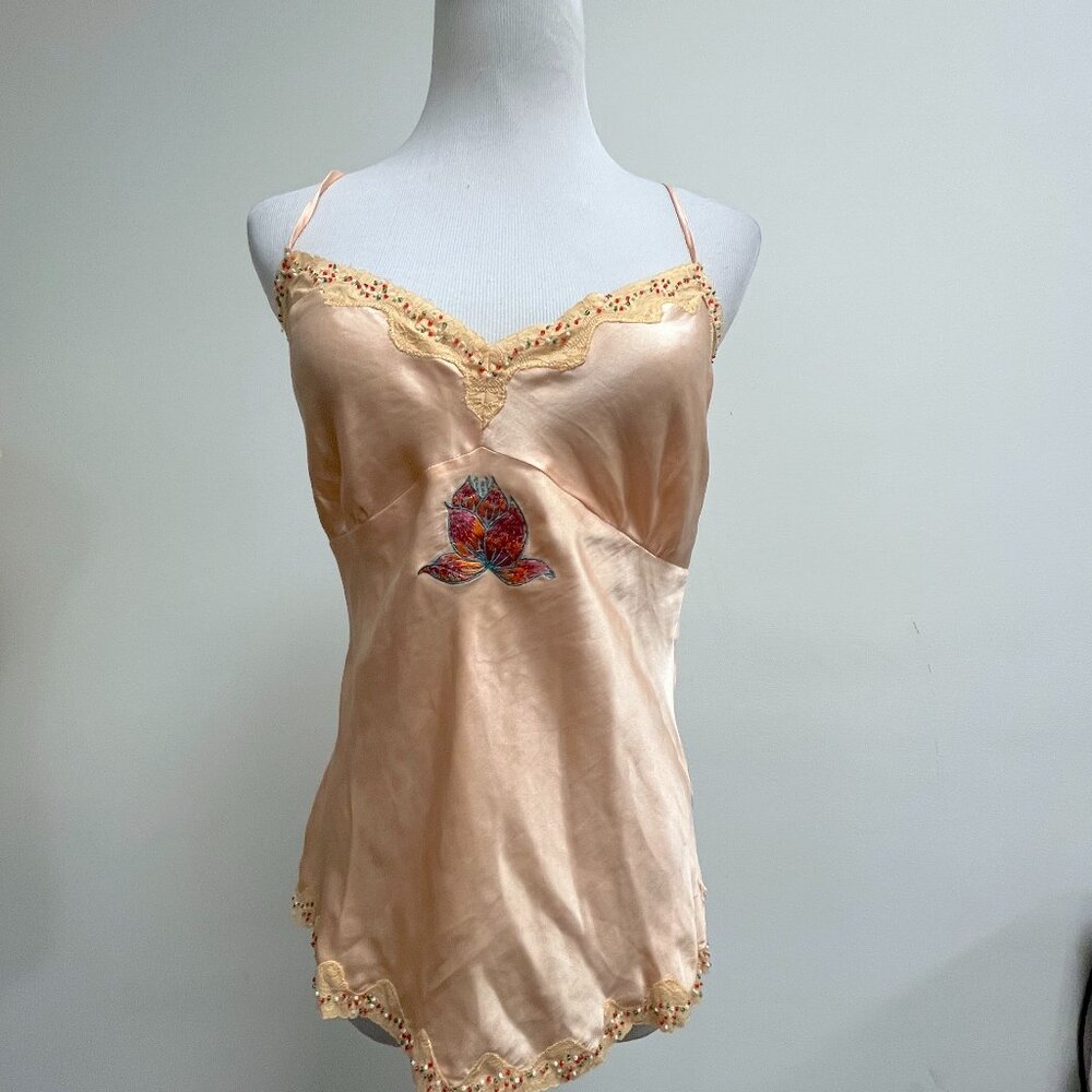 L FURST Peach pink SILK CAMISOLE embroidered top M spaghetti straps